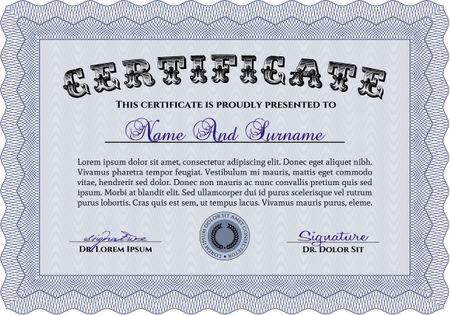 Sample Certificate. Frame certificate template Vector. With linear background. Modern design. Blue color.