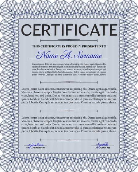 Blue Classic Certificate template. With great quality guilloche pattern. Money Pattern. Award.