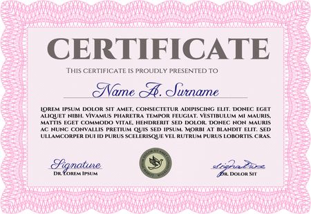 Pink Certificatem diplmoa or award template. With guilloche pattern. Design template. Money style design. 