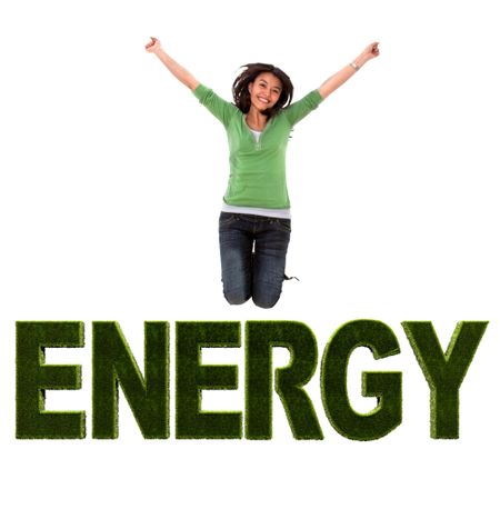 Energetic woman jumping over the word energy isolated
