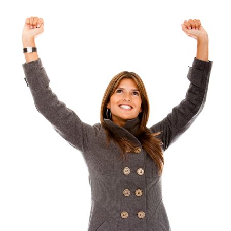 Happy business woman with arms outstretched isolated