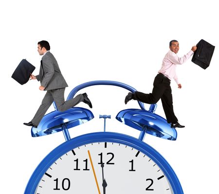Business men on rush hour with an alarm clock isolated