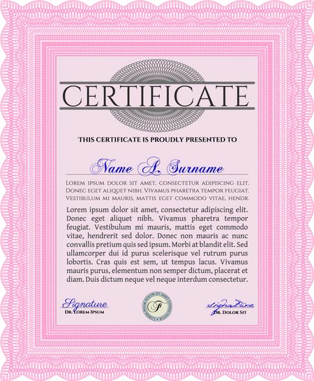 Certificate of achievement. With guilloche pattern and background. Sophisticated design. Diploma of completion. Pink color.
