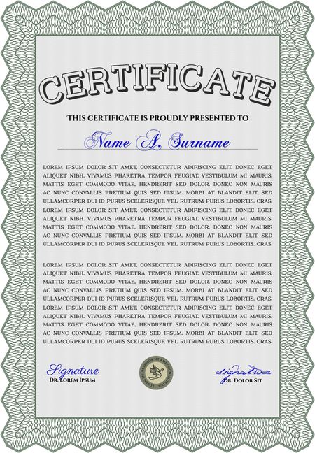 Certificate of achievement. With guilloche pattern and background. Sophisticated design. Diploma of completion. Green color.