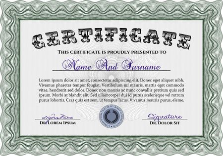 Certificatem diplmoa or award template. Design template. Money style design. With guilloche pattern. Green color.