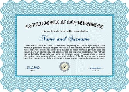 Certificatem diplmoa or award template. Design template. Money style design. With guilloche pattern. Light blue color.