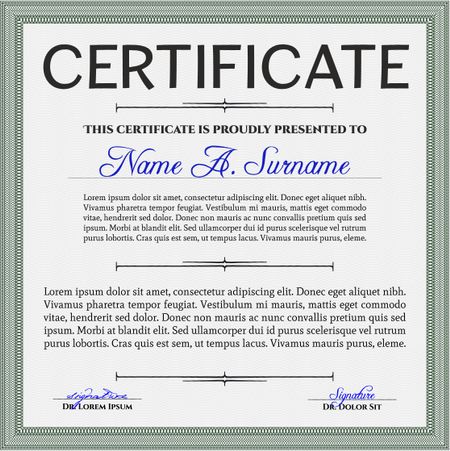 Certificatem diplmoa or award template. Design template. Money style design. With guilloche pattern. Green color.