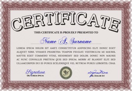 Certificatem diplmoa or award template. Design template. Money style design. With guilloche pattern. Red color.