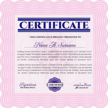 Certificatem diplmoa or award template. Design template. Money style design. With guilloche pattern. Pink color.