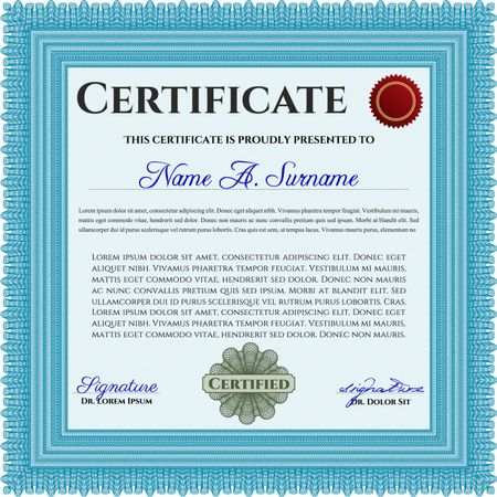 Light blue Awesome Certificate template. With guilloche pattern. Money style design. Design template. 