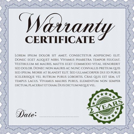 Sample Warranty certificate. Vector illustration. Excellent complex design. With complex linear background. 