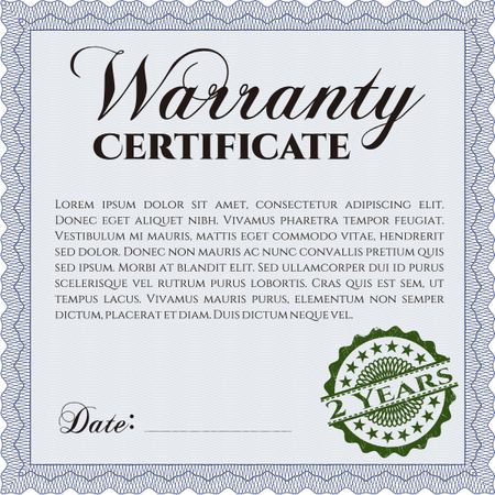 Sample Warranty certificate. Vector illustration. Excellent complex design. With complex linear background.