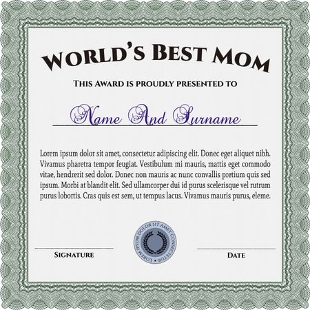 Award: Best Mom in the world. Retro design. With great quality guilloche pattern. 