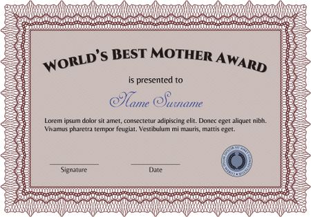 Best Mom Award Template. With guilloche pattern and background. Excellent complex design. Vector illustration. 