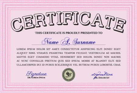 Classic Certificate template. Money Pattern. Award. With great quality guilloche pattern. Pink color.