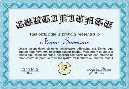 Sample certificate or diploma. Vector certificate template. With complex linear background. Retro design. Light blue color.