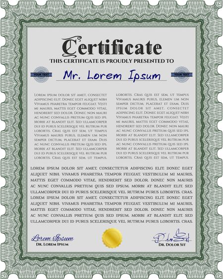 Certificate of achievement. Sophisticated design. Diploma of completion. With guilloche pattern and background. Green color.