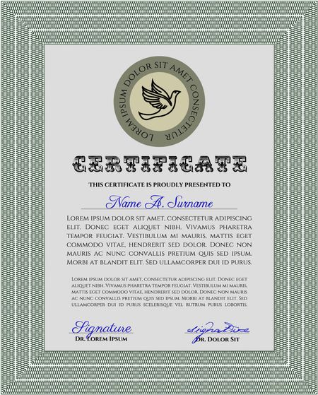 Diploma or certificate template. With complex background. Vector illustration. Lovely design. Green color.
