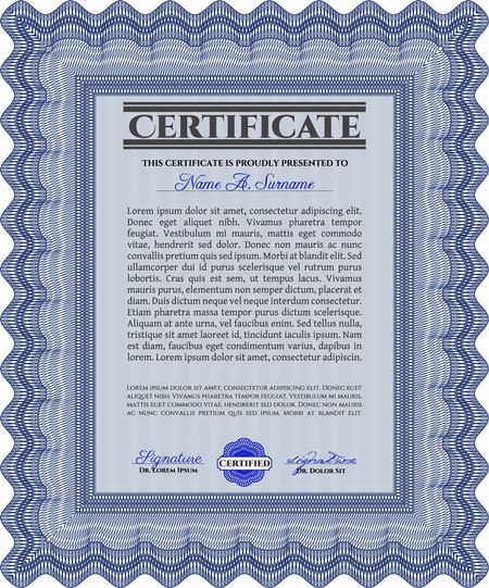 Blue Diploma or certificate template. Vector illustration. With complex background. Lovely design. 