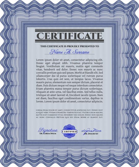 Blue Diploma or certificate template. Vector illustration. With complex background. Lovely design.