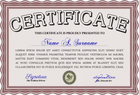 Sample certificate or diploma. Vector certificate template. With complex linear background. Retro design. Red color.