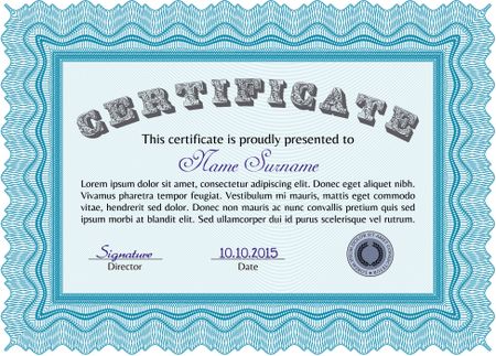Diploma template. Border, frame. Excellent design. With background. Light blue color.