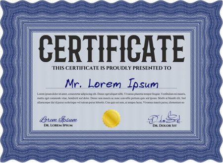 Sample Diploma. Frame certificate template Vector. Elegant design. With linear background. Blue color.