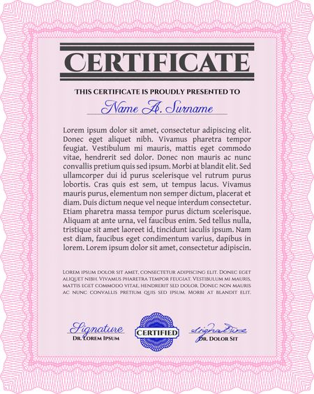 Pink Certificate or diploma template. Easy to print. Customizable, Easy to edit and change colors. Cordial design. 