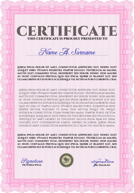 Certificatem diplmoa or award template. Design template. With guilloche pattern. Money design. Pink color.