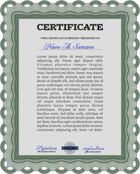 Diploma template or certificate template. Beauty design. Complex background. Vector pattern that is used in currency and diplomas.Green color.