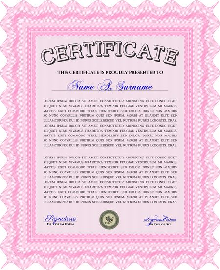 Pink Classic Certificate template. Money Pattern design. 