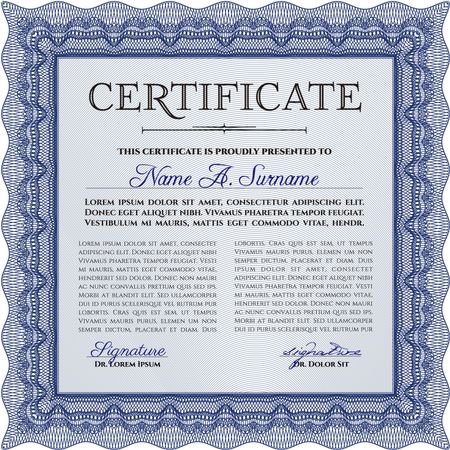 Blue Certificate. Detailed. Printer friendly. Complex design.