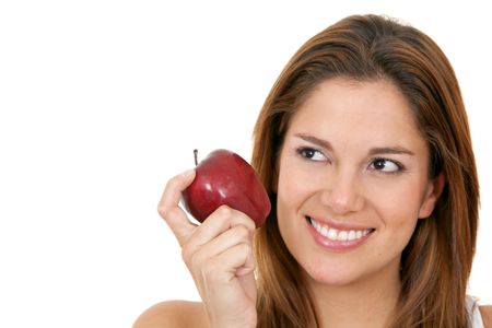 Woman with a red apple isolated over white