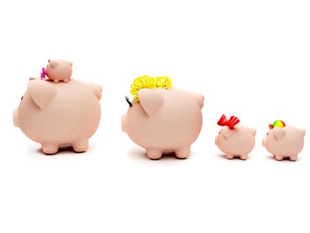 Rear view of a piggy bank family isolated