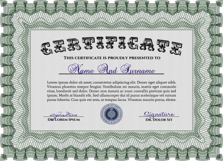 Certificate of achievement template. Sophisticated design. With guilloche pattern and background. Diploma of completion. Green color.