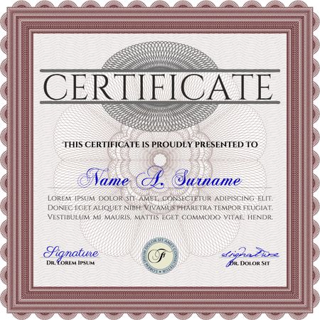 Certificate of achievement template. Sophisticated design. With guilloche pattern and background. Diploma of completion. Red color.