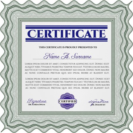 Green Certificate of achievement. Sophisticated design. Diploma of completion. With guilloche pattern and background. 