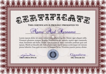 Red Diploma or certificate template. With complex background. Lovely design. Vector illustration. 