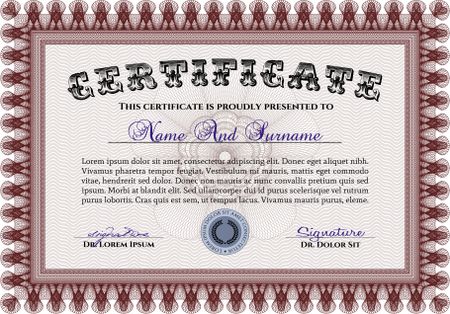 Red Diploma or certificate template. With complex background. Lovely design. Vector illustration.