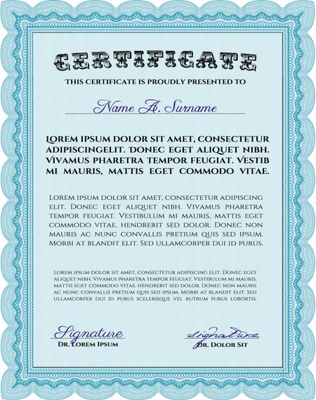 Light blue Certificate or diploma template. Border, frame. Good design. With background. 