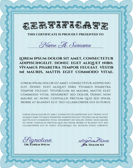 Light blue Certificate or diploma template. Border, frame. Good design. With background.