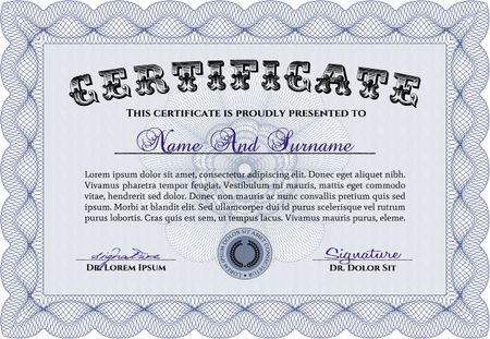 Blue Sample certificate or diploma. With complex linear background. Elegant design. Vector certificate template. 