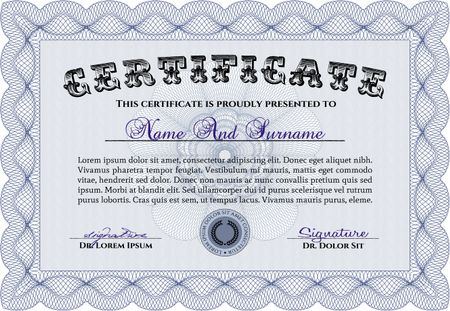 Blue Sample certificate or diploma. With complex linear background. Elegant design. Vector certificate template.