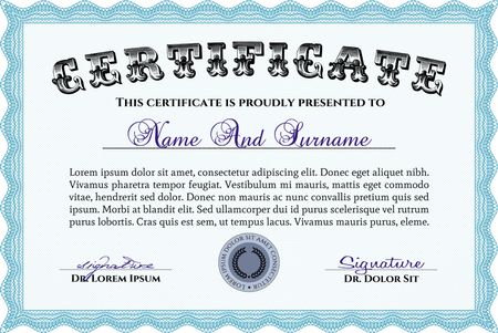 Sample Diploma. Modern design. With linear background. Frame certificate template Vector. Light blue color.
