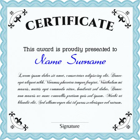 Light blue Certificatem diplmoa or award template. Design template. Money style design. With guilloche pattern. 