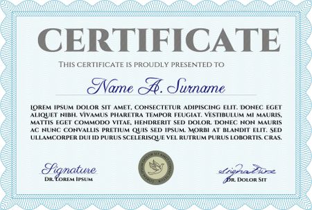 Light blue Classic Certificate template. With great quality guilloche pattern. Money Pattern design. Award.