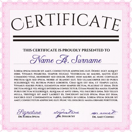 Sample certificate or diploma. Vector certificate template. Retro design. With complex linear background. Pink color.