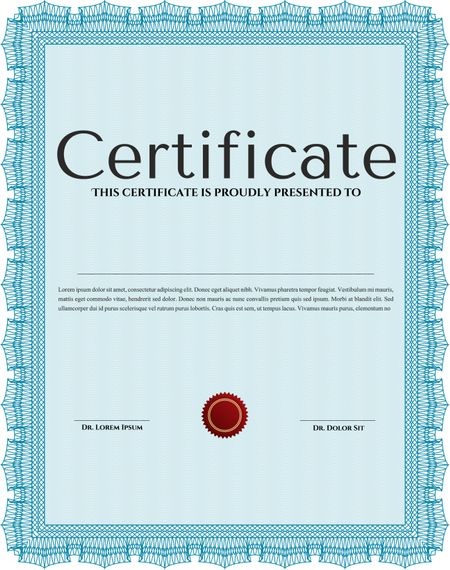 Sample certificate or diploma. Vector certificate template. Retro design. With complex linear background. Light blue color.