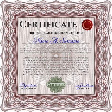 Sample certificate or diploma. With complex linear background. Retro design. Vector certificate template. Red color.