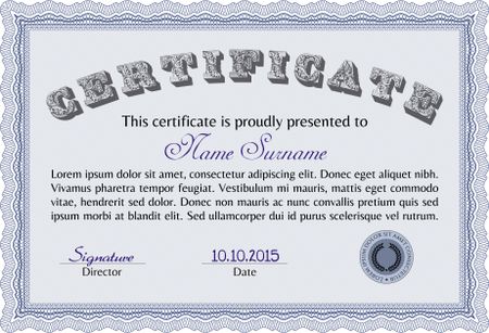 Certificate of achievement. Sophisticated design. Diploma of completion. With guilloche pattern and background. Blue color.